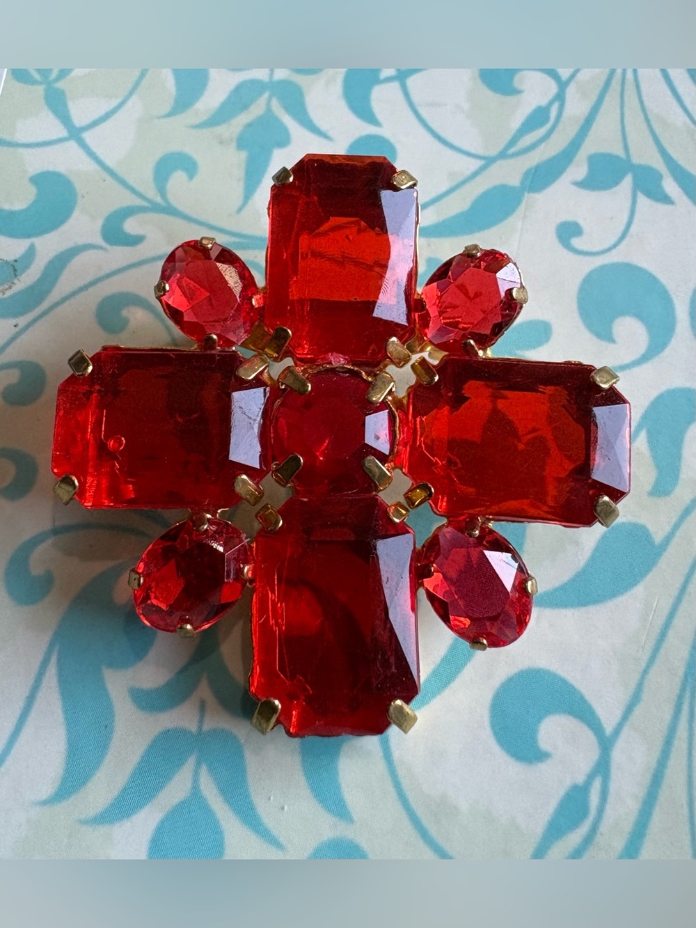 Redish Orange Crystal Jewel Cluster Brooch - Unbranded